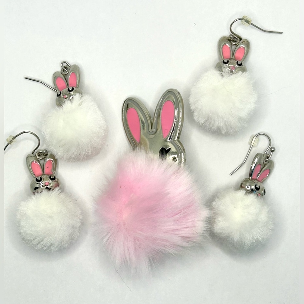 Cute Bunny Pom Pom Earrings Set - Pink and White
